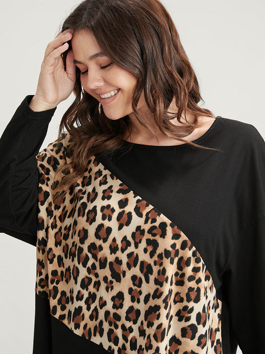 Leopard Drop Shoulder Split Long Tee