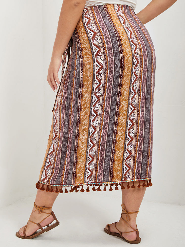 Geo Print Wrap Knot Fringe Hem Skirt