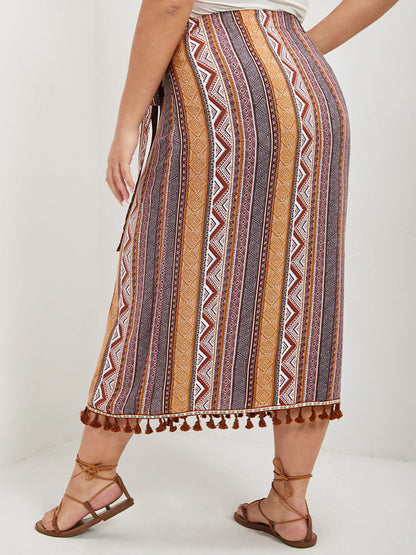 Geo Print Wrap Knot Fringe Hem Skirt