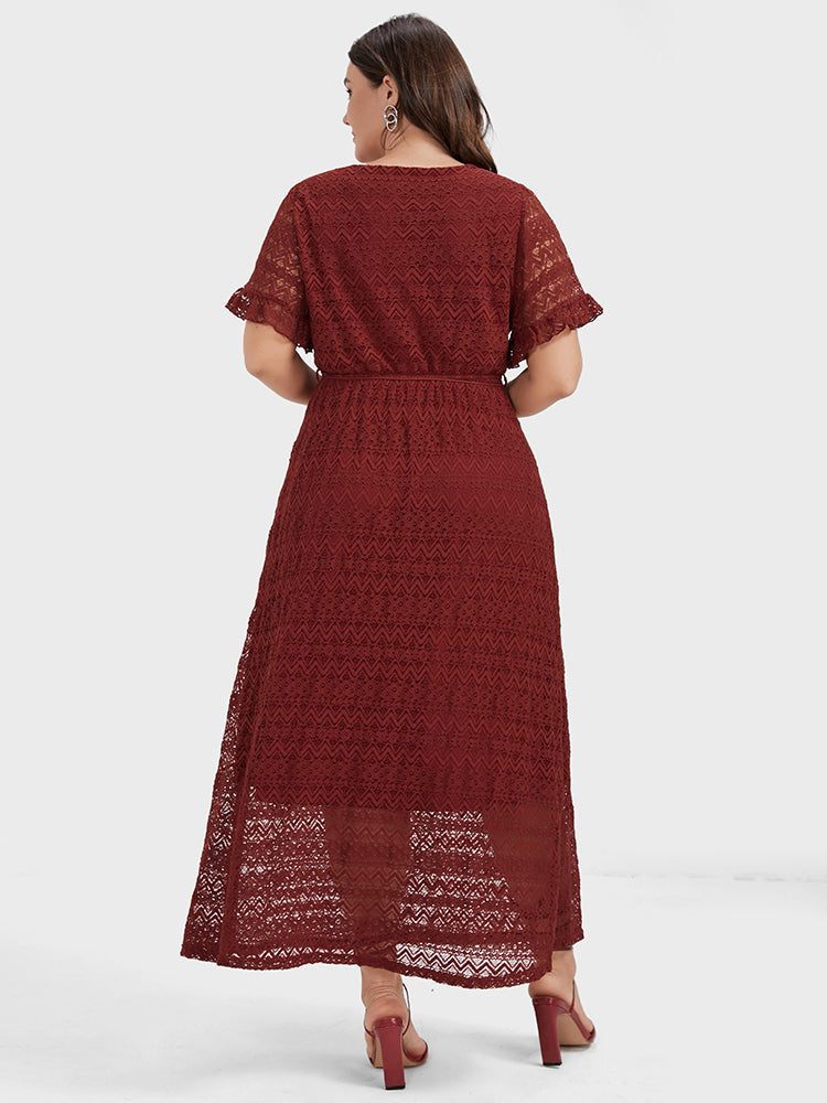 Plain Ruffles Ties Crochet Lace Maxi Dress