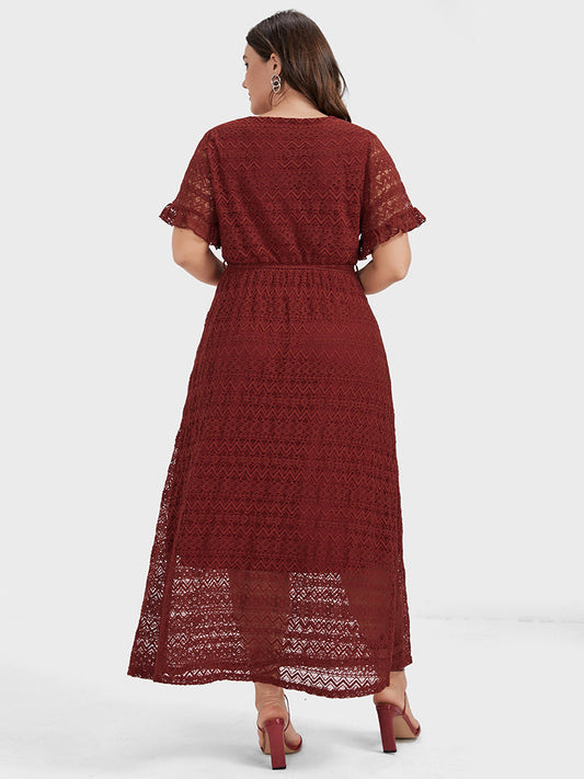 Plain Ruffles Ties Crochet Lace Maxi Dress