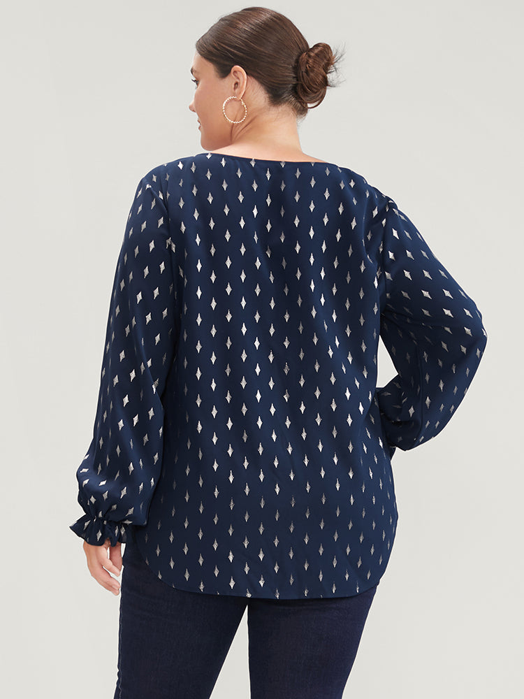 Geometric Print Lantern Sleeve V Neck Blouse