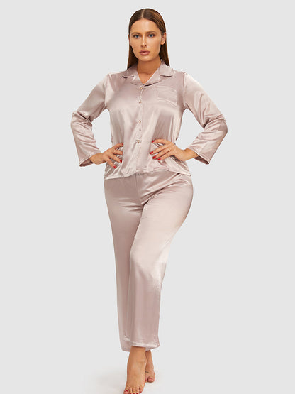 Lapel Collar Satin Button Front Pajama Set