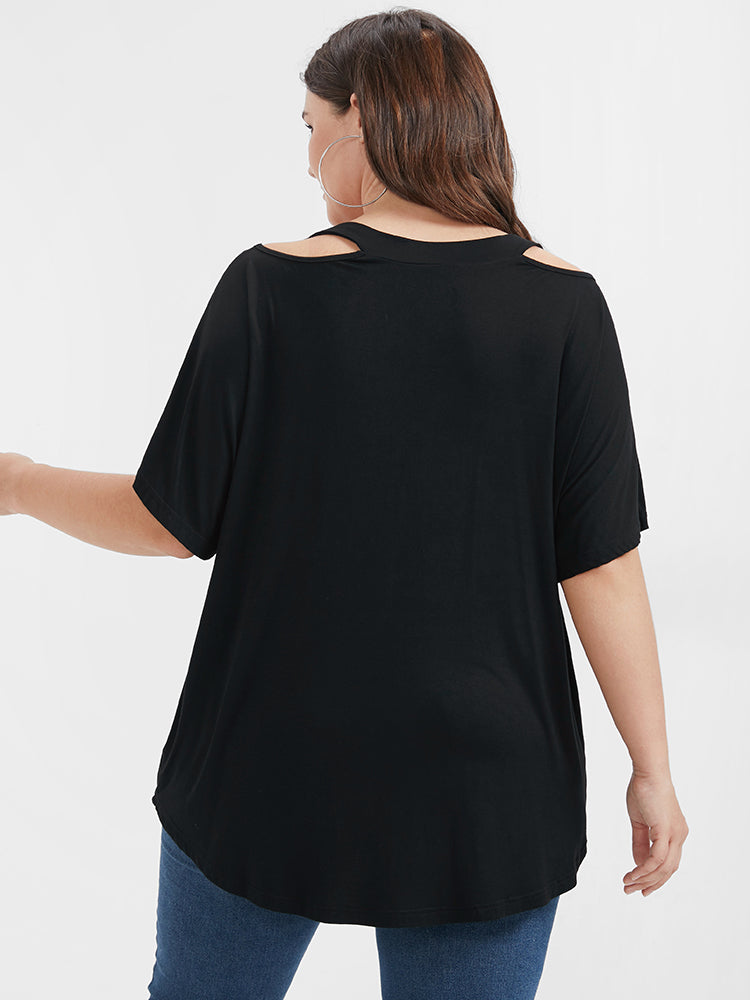 Plain Ruched Cut Out Modal V Neck T-shirt