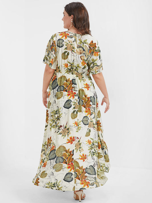 Floral Ruffles Asymmetrical Hem Split V Neck Maxi Dress