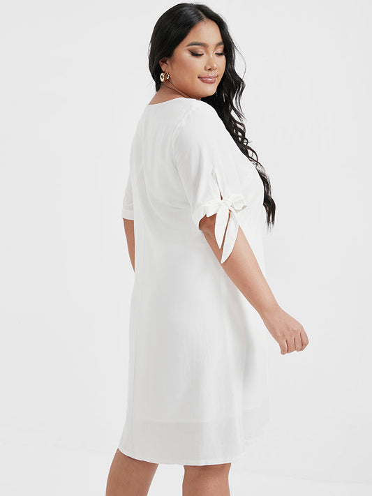 Plain Printed Knotted Sleeve V Neck Dress