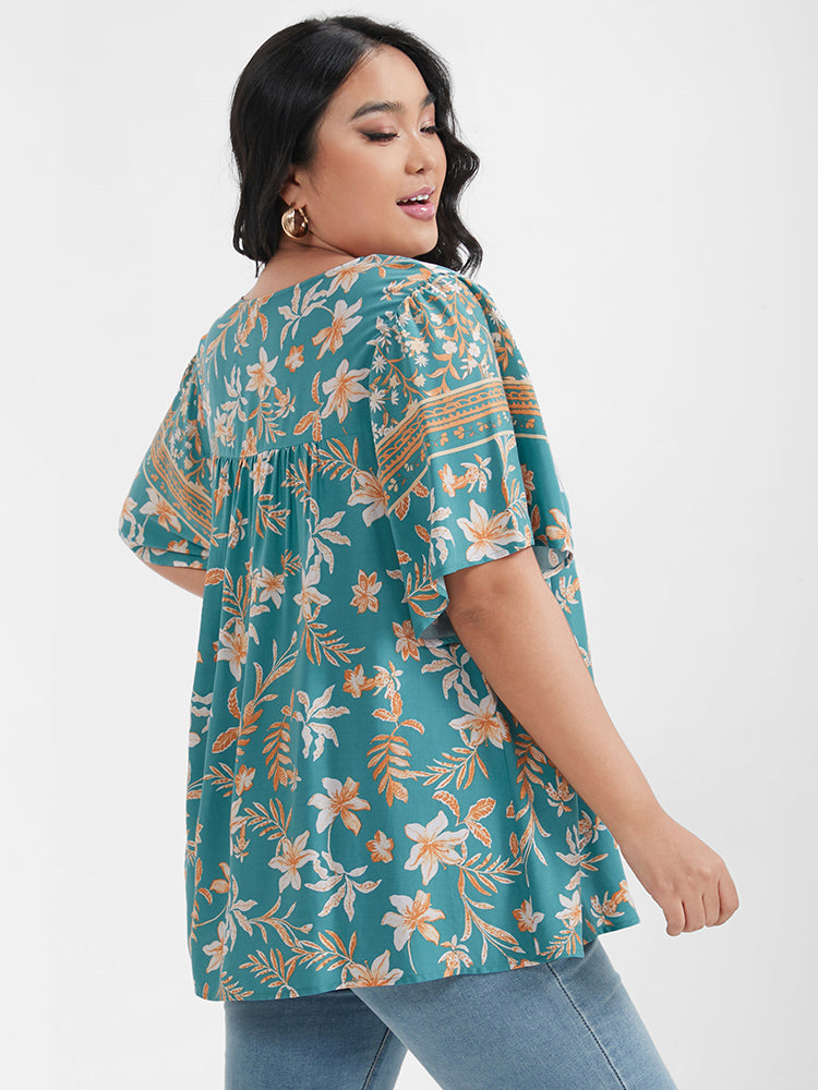 Floral Ruffled Lace Up Keyhole V Neck Blouse