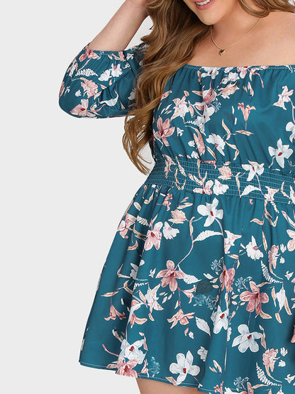 Floral Off Shoulder Shirred Dress