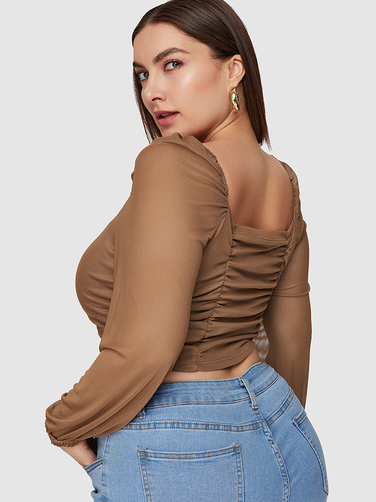 Bishop Sleeve Mesh Drawstring Crop Blouse