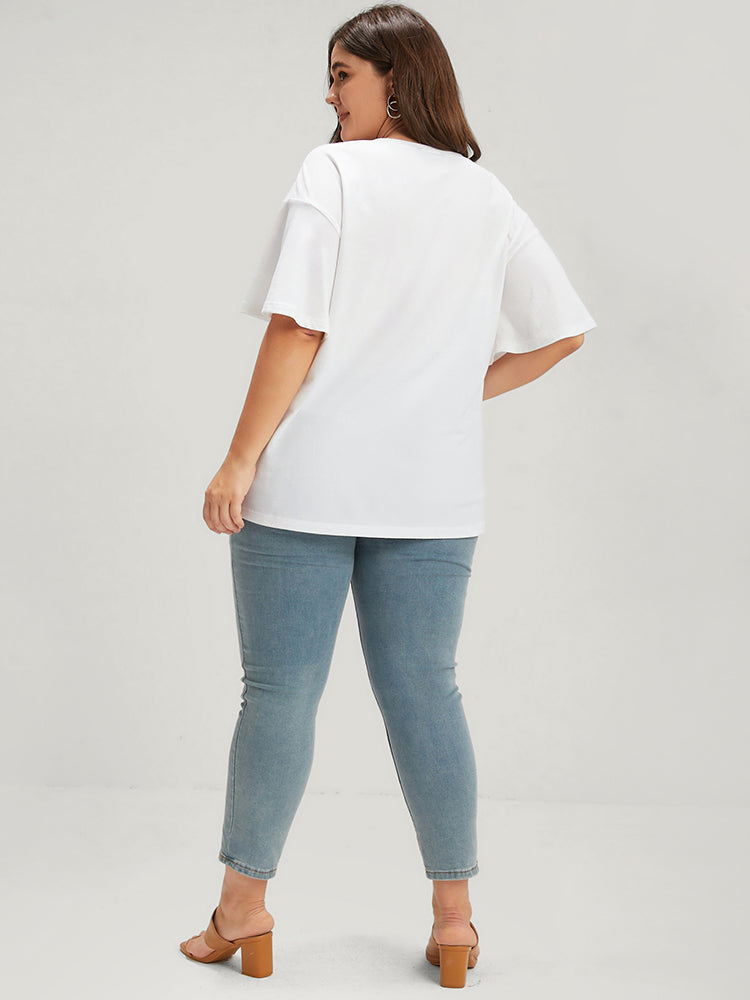 Plain Embroidered Flutter Round Neck T-shirt