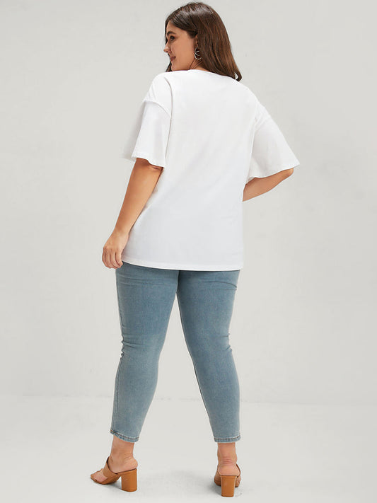 Plain Embroidered Flutter Round Neck T-shirt