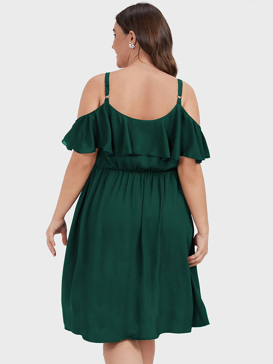 Plain Pocket Ruffles Cold Shoulder Dress