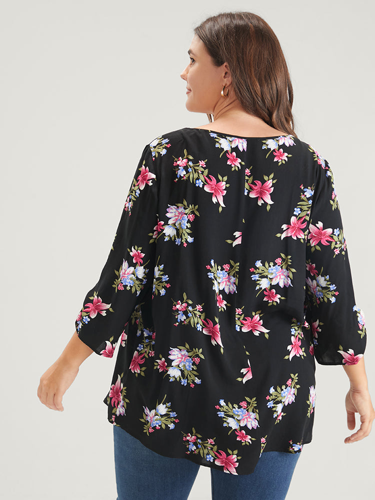 Floral Button Cuffed Sleeve Asymmetrical Hem Blouse