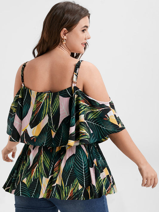 Tropical Ruffles Cold Shoulder  Blouse