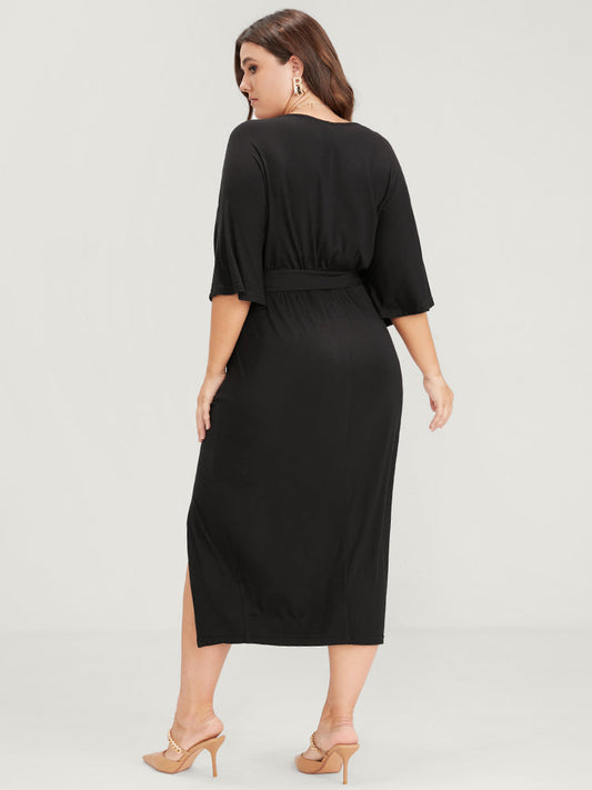 Plain Dolman Sleeve Gathered Button Split Belted Wrap Dress
