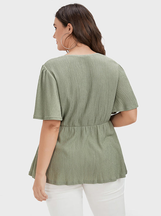 Plain Ruffles Lace Up V Neck T-shirt