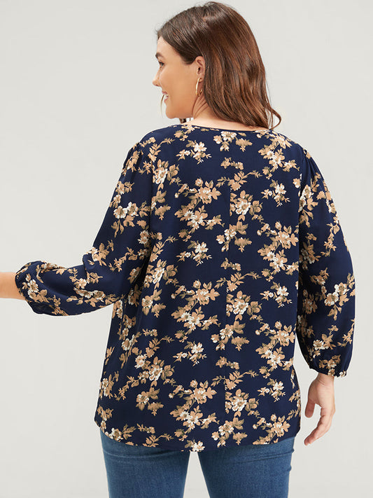 Floral Button Up V Neck Blouse