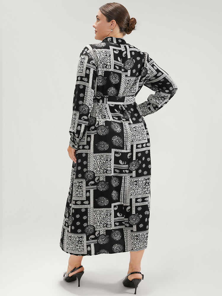 Geometric Pocket Belted Button Up Shirt Collar Dress