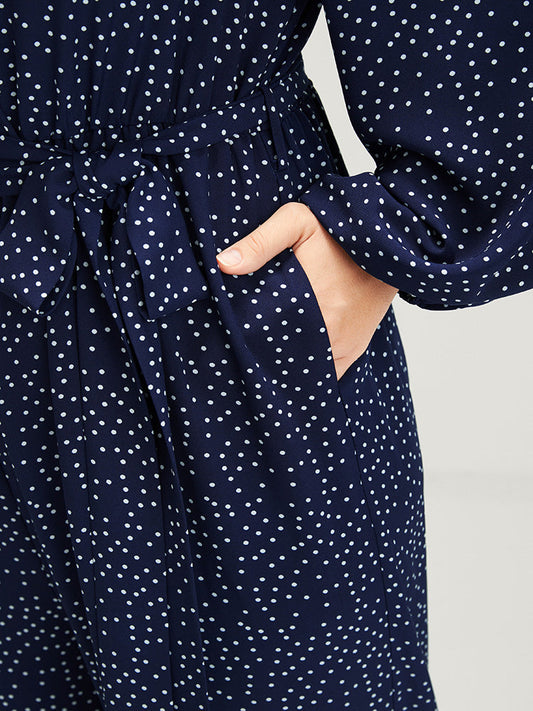 Polka Dot Belted Lantern Sleeve Pocket Button Wrap Jumpsuit