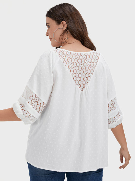 Plain Lantern Sleeve Button Crochet Lace Blouse