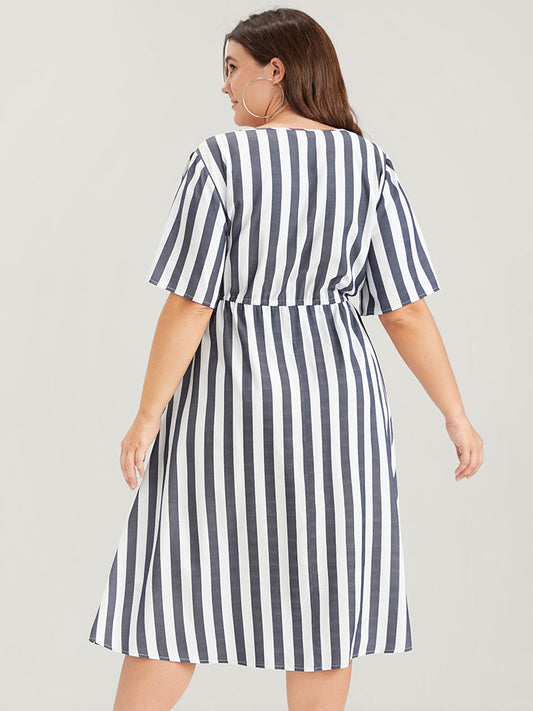 Striped Button Pocket Drawstring Midi Dress