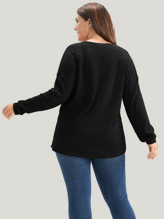 Solid Button Detail Rib Knit Long Tee