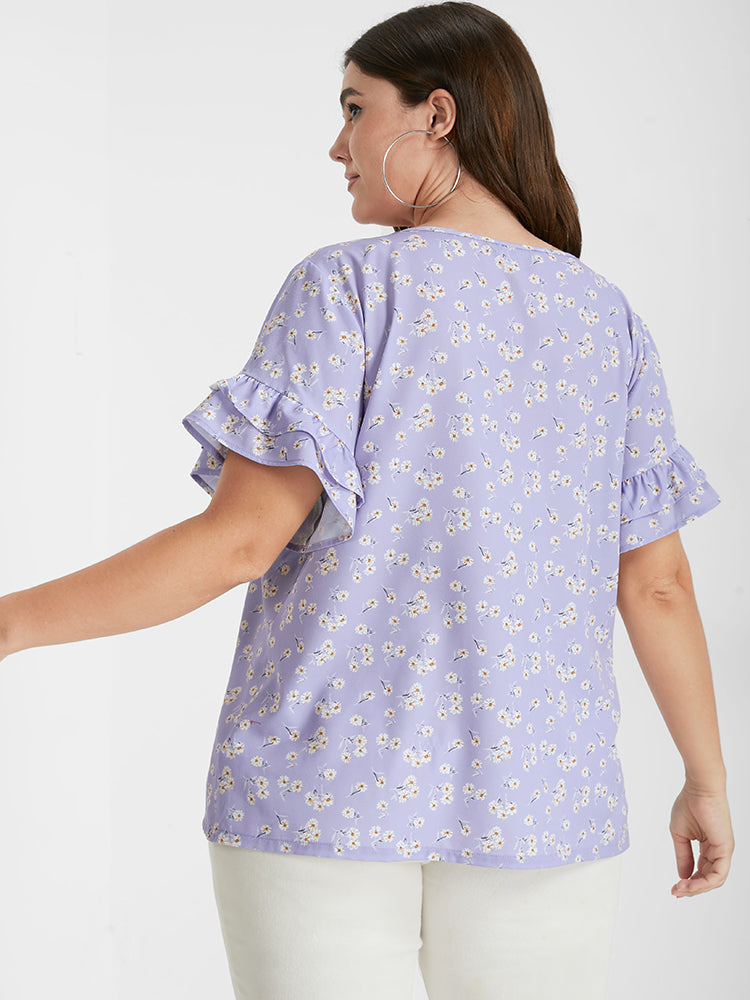 Floral Ruffles Trim Round Neck Blouse