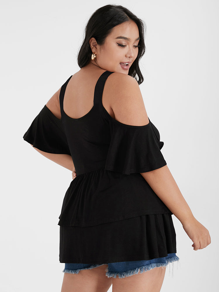 Plain Ruffles Cold Shoulder T-shirt