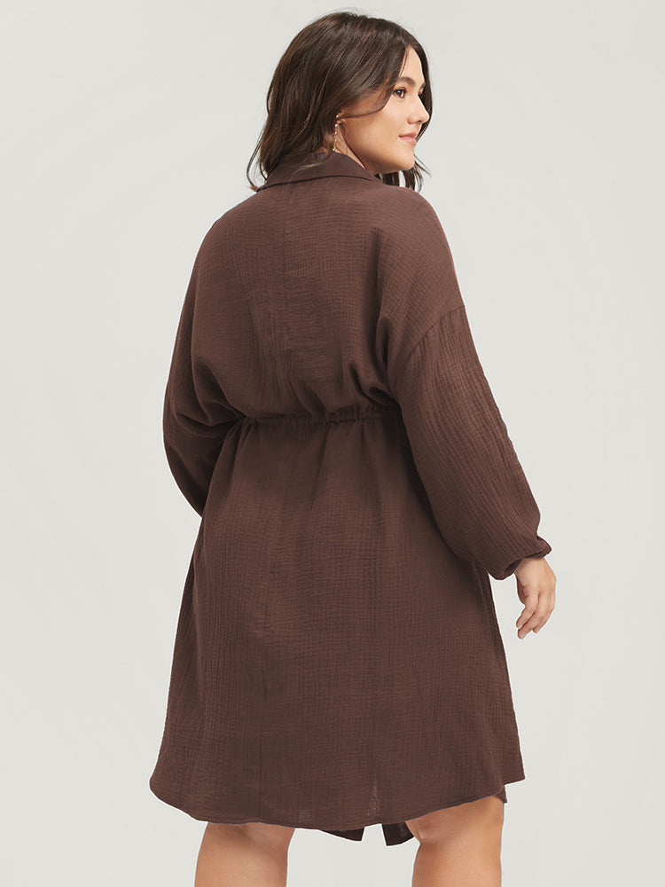 Solid Fake Pocket Button Shirt Collar Drawstring Knee Dress