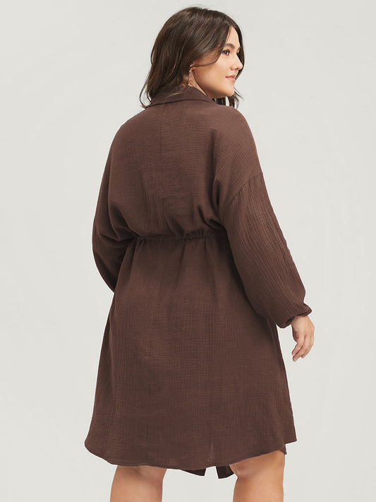 Solid Fake Pocket Button Shirt Collar Drawstring Knee Dress