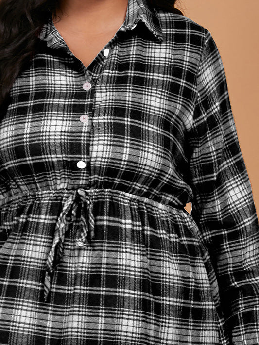 Tartan Button Drawstring Shirt Dress