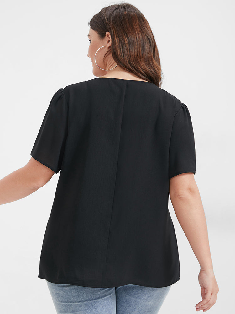 Plain Flutter Pearl Beaded V Neck Blouse