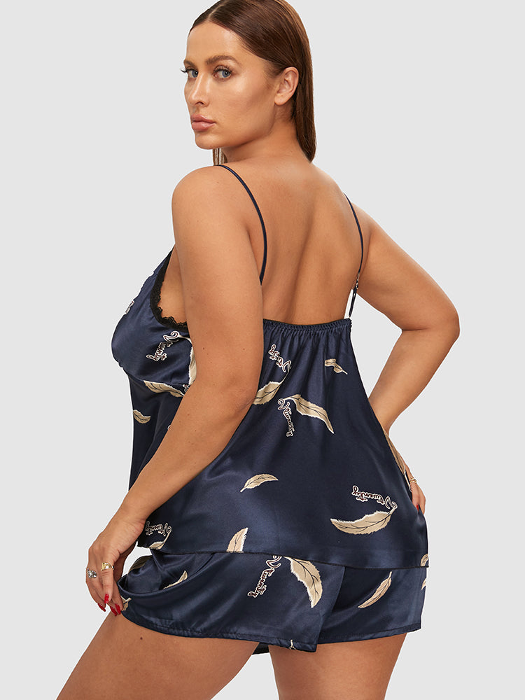 Feather Print Satin Lace Trim Pajama Set