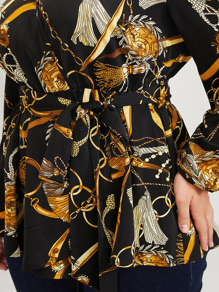 Chain Print Button Flutter Hem Belted Wrap Blouse