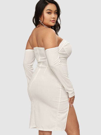 Button Detail Bustier Split Tube Bodycon Dress