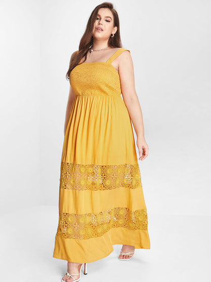 Plain Ruffle Shirred Eyelet Lace Maxi Dress