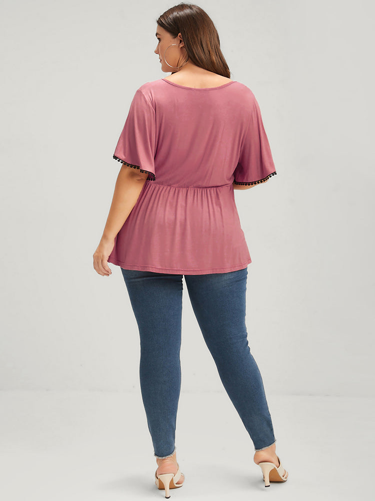 Plain Button Ruffles Wrap Modal T-shirt