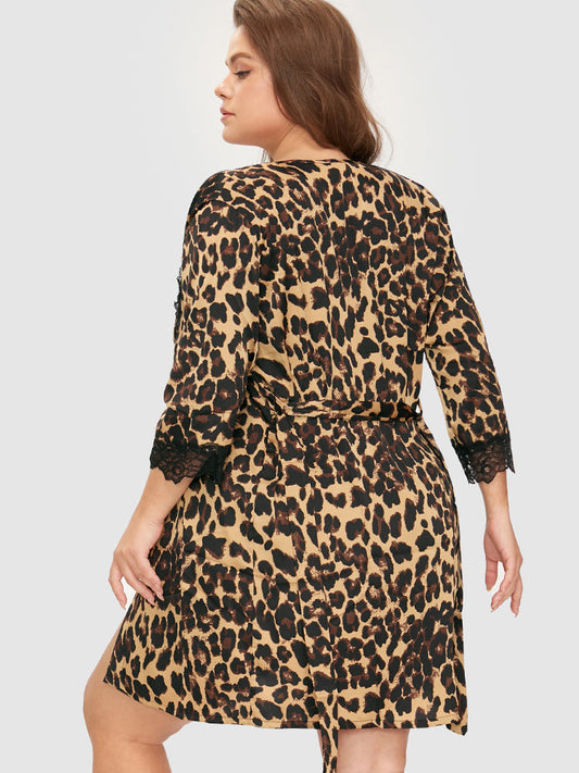 Leopard Lace Trim Cami Dress & Robe