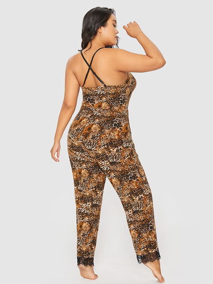 Leopard Lace Trim Crisscross Lounge Jumpsuit