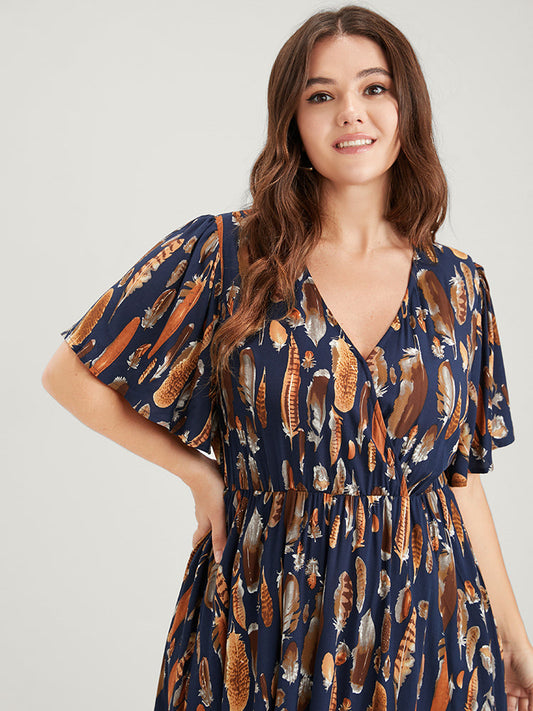 Animal Print Surplice Neck Pocket Split Ruffles Maxi Dress