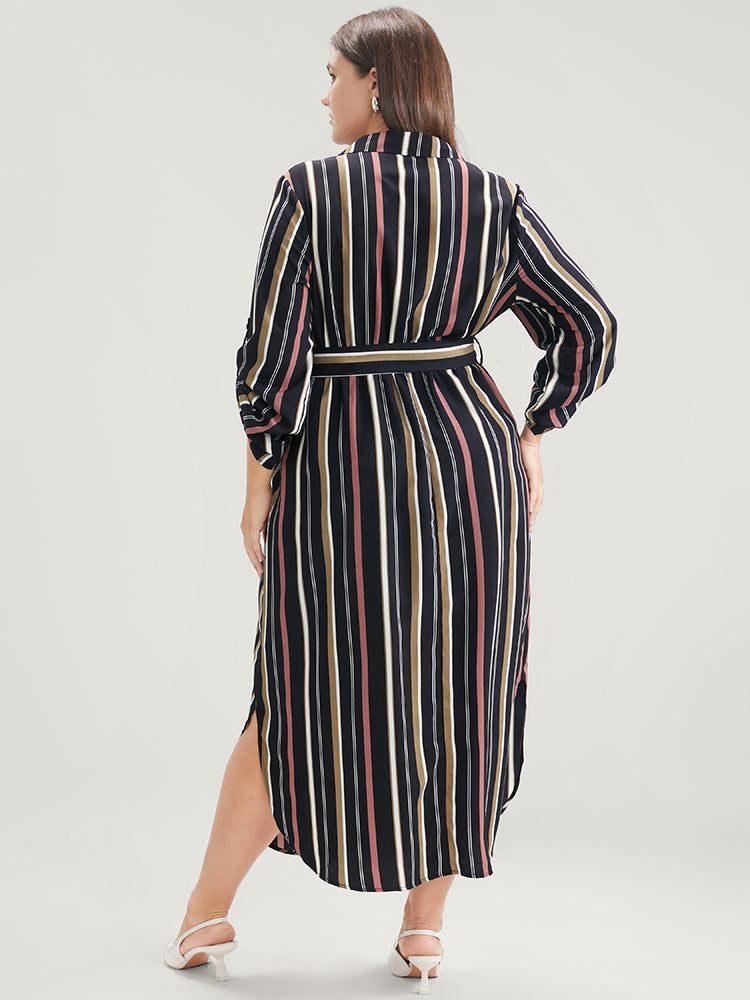 Striped Lapel Collar Cuffed Sleeve Pocket Belted Arc Hem Dress