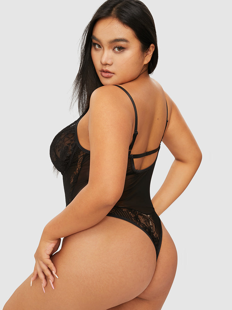 Floral Lace Sheer Cami Bodysuit Without Thong