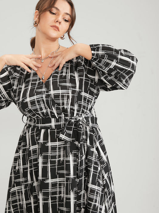 Geometric Surplice Neck Pocket Lantern Sleeve Belted Dress