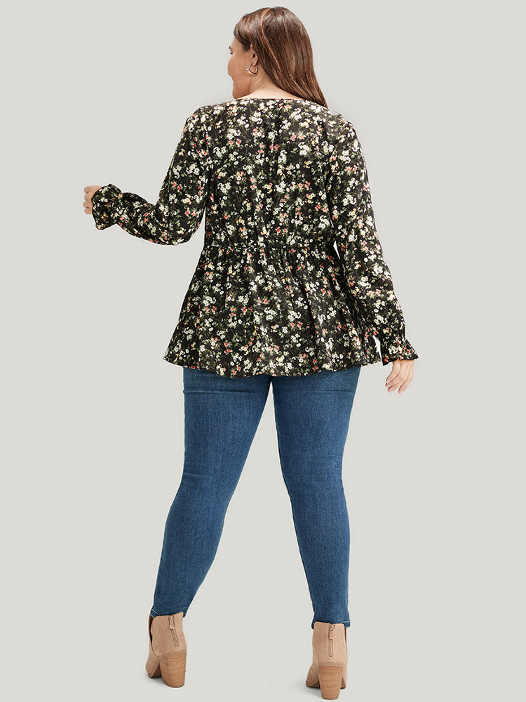 Floral V Neck Lantern Sleeve Ruffles Blouse