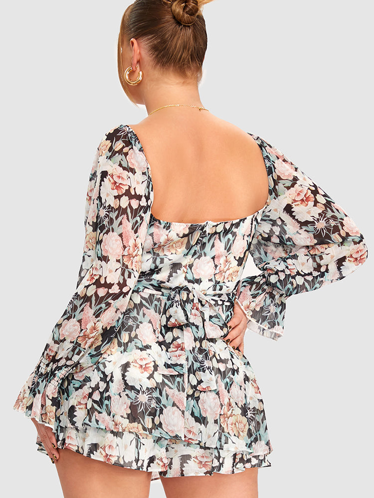 Square Neck Floral Pattern Ties Romper