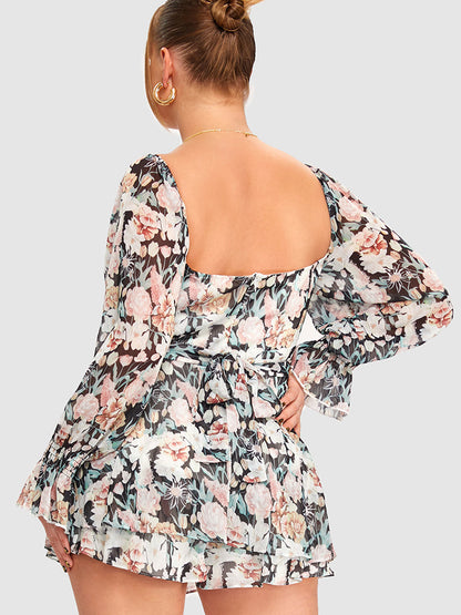 Square Neck Floral Pattern Ties Romper