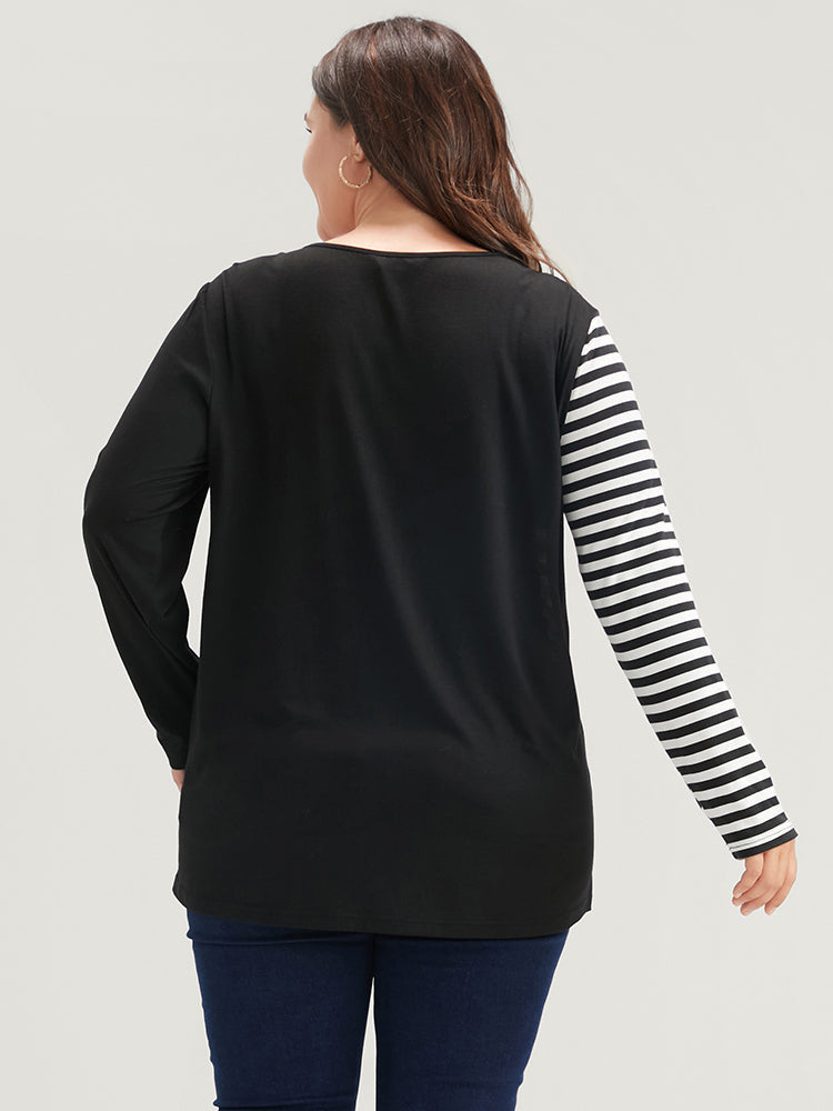 Leopard Striped Contrast Round Neck Long Tee