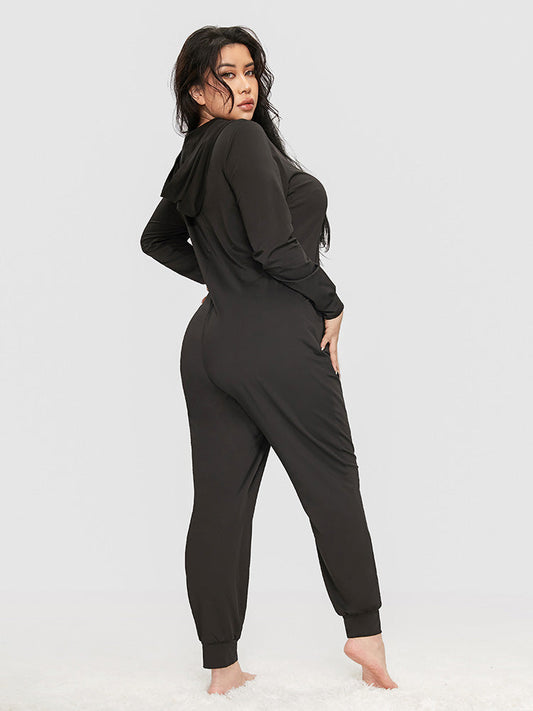Solid Pocket Hooded Zipper Jumpsuit