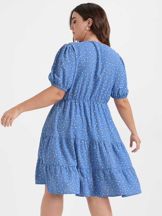 Bloom Dress - Floral Ruffles Drawstring Puff Sleeve Knee Dress