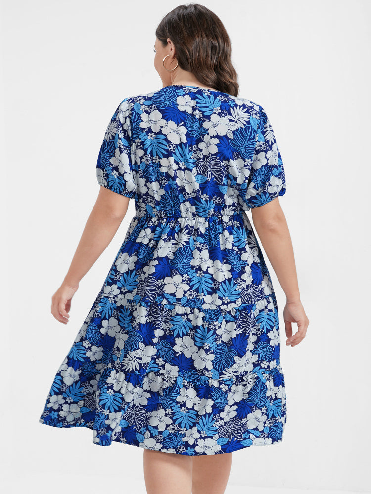 Floral Ruffles Tiered Puff Sleeve Pocket Knee Dress